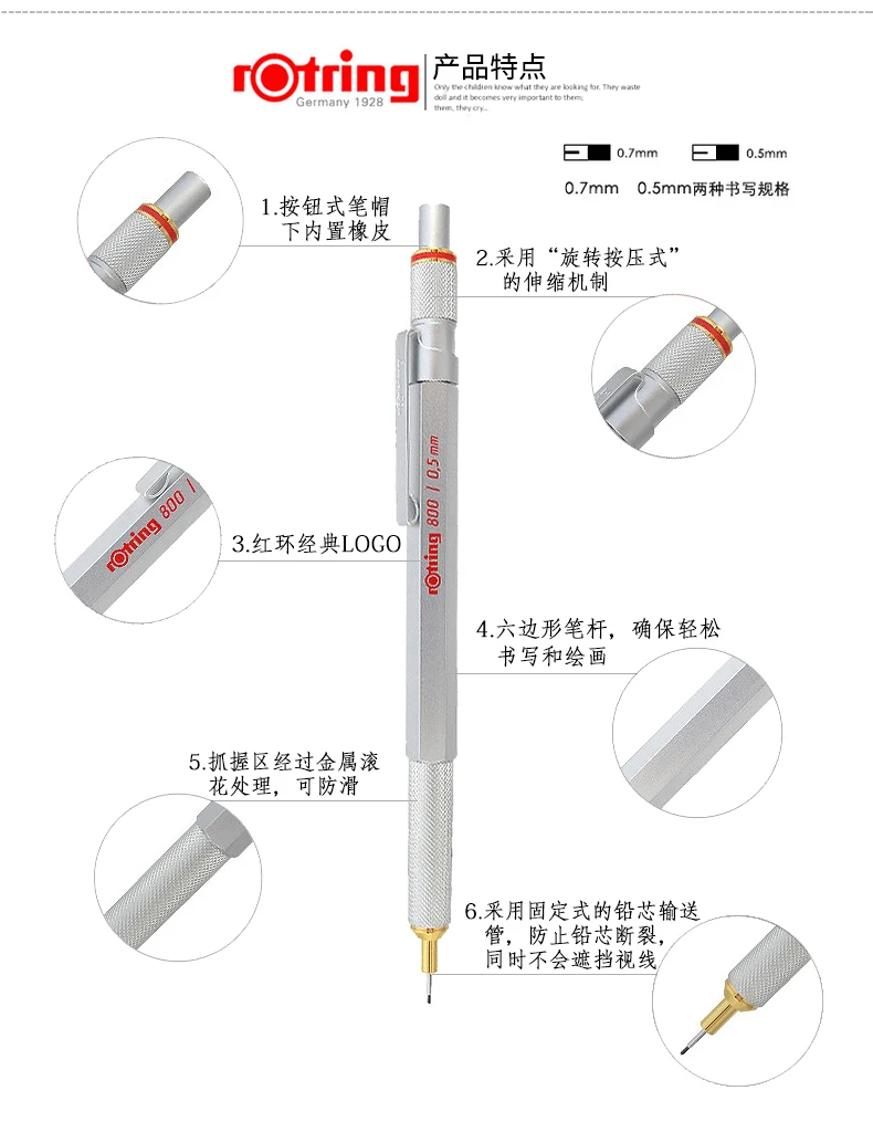 Rotring 800 0.5/0.7Mm Volledig Metalen Tekening Automatisch Potlood Zwart Zilver Professionele Handgetekende Ontwerp Activiteit Potlood Set