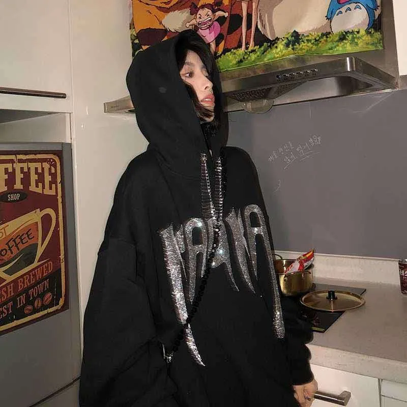 

Women Hoodies Spring Autumn Winter Black Hooded Sweatshirt Loose Letter Print Tops Pullover Streetwear