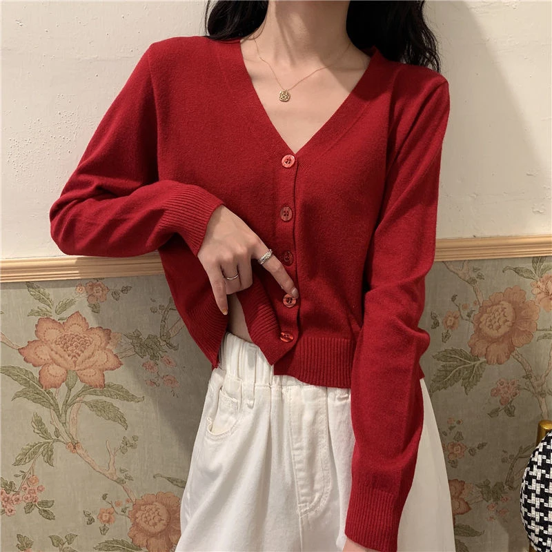 Spring Autumn Solid Color Cropped Sweater Korean Basic V-neck Student 9 Colors Cardigan Sweater Women All-match Long Sleeve Tops