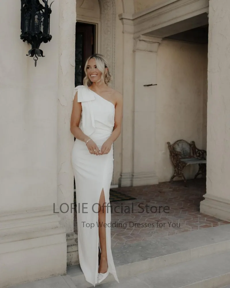 LORIE-vestidos de novia de sirena con un hombro al descubierto, traje de boda con lazo, abertura lateral, color blanco marfil