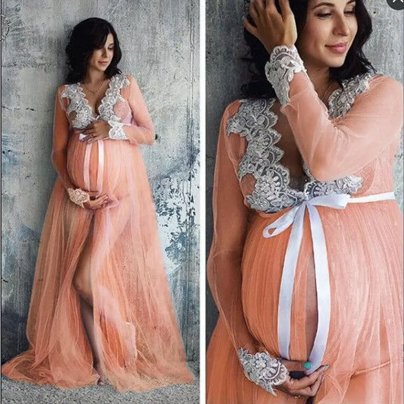 Maternity Dresses for Photo Shoot One-piece Lace Pregnancy Photography Clothes Mopping Dress for Pregnant Front Split Net Yarn