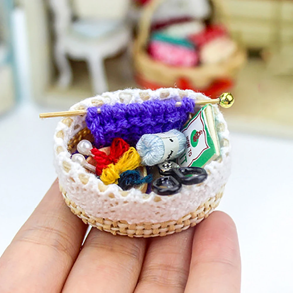 1/12 Doll House Miniature Knitting Tools Basket Simulation Scissors Wool Model Toy Mini Decoration Dollhouse Accessories