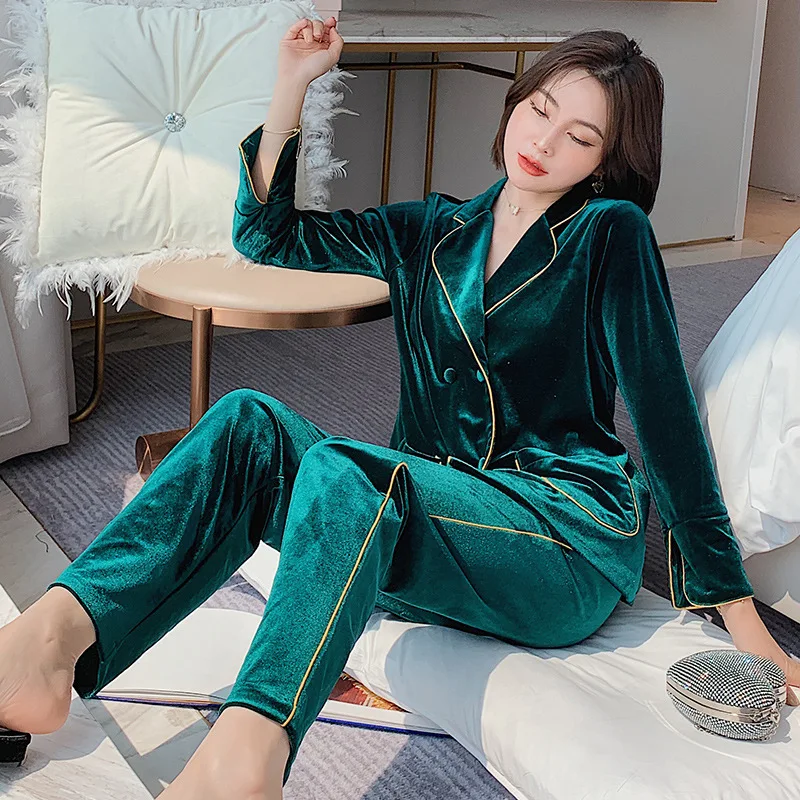 

Velvet Pajamas Set Women Sleepwear Green Velour Pijamas Suit 2 PCS Shirt&Pant Casual Soft Bathrobe Nightwear Autumn Homewear