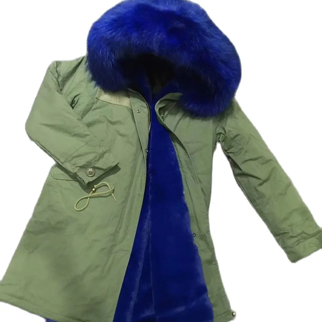 MEIFNG Long Coat Woman Winter Newest Dark Blue Faux Fur Lined Parka Ladies Clothes With Nice And Big Collar