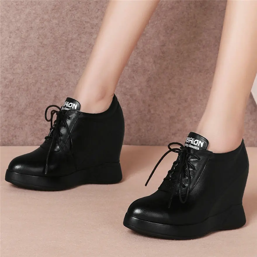 Fashion Sneakers Women Lace Up Cow Leather Wedge High Heel Vulcanized Shoes Female Round Toe Platform Oxfords Shoes Casual Shoes