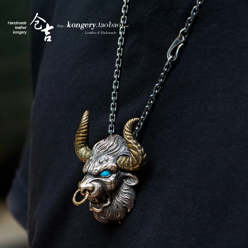 ★handmade S925 Silver Necklace men's bull head pendant Chinese Zodiac bull pendant Chinese style bull like Gemstone