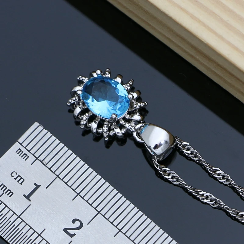 925 Conjuntos de Jóias para Mulheres, Céu Azul Cristal Birthstone, Colar Fashion, Presente para Sua Festa