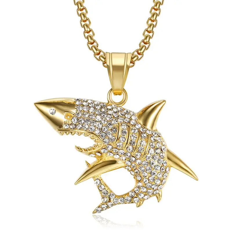 

Hip Hop Rhinestones Paved Bling Iced Out Stainless Steel Shark Pendant Necklaces for Men Rapper Jewelry Drop Shipping
