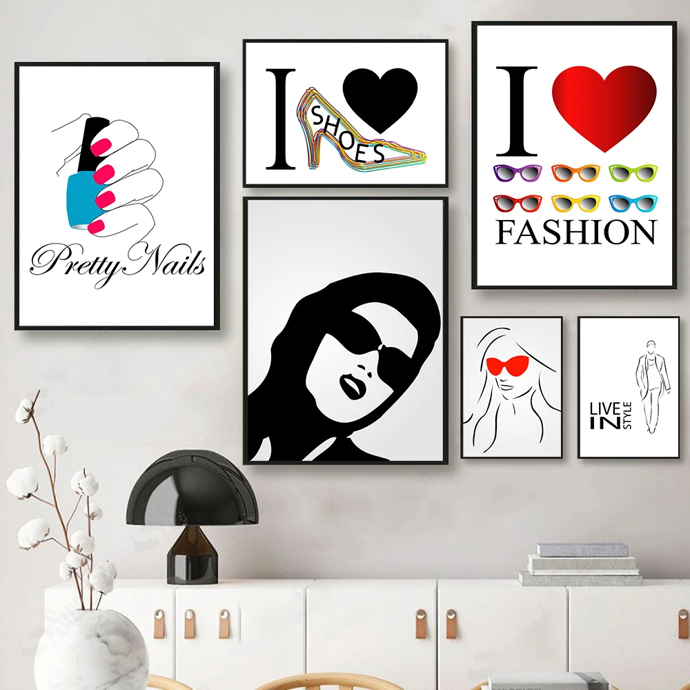 Fashion Nails Beauty Salon Posters Wall Decor Trendy Woman Men Abstract Art Print Canvas Painting Sunglasses High Heels Picture