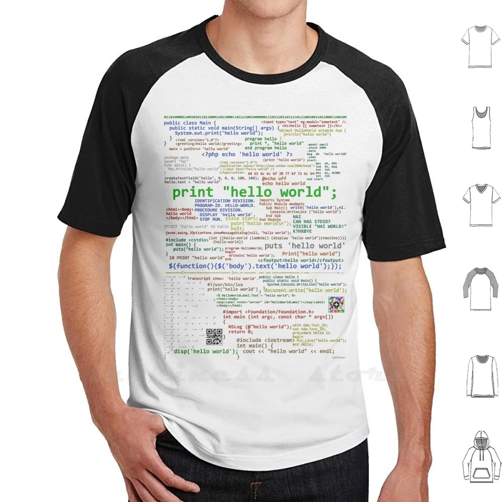 Hello World-muchos idiomas de programación (oscuro), Camiseta de algodón, Ringer, programadores de programación para adolescentes