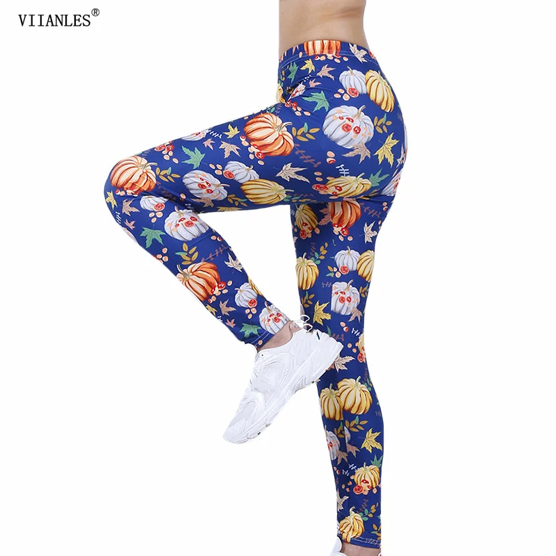 VIIANLES Pumpkin Print Leggings Elastic Fitness Elastic Punk Fahsion Sexy Ladies Pants High Waist Fashion Trousers Dropship