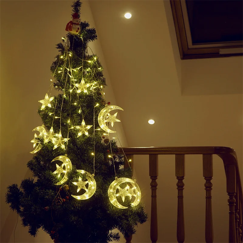 220V EU Plug LED Moon Star Curtain String Lights Christmas Garland Fairy Lights for Garden Party Room Wedding Ramadan Decoration