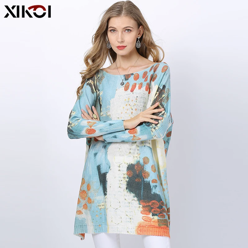 XIKOI Winter Oversized Sweaters For Women Long Wool Pullovers Loose Sky Blue Knitted Patchwork Jumper Printed O-neck Pull Femme