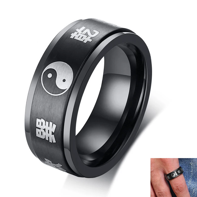 Men's 8MM Spinner Stainless Steel Yin Yang Spinner Ring Ba Gua Feng Shui Eight Trigrams Signet Band