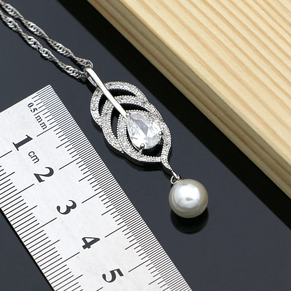 Silver Color Bridal Pearls Jewelry Sets Natural White Zircon Women Wedding Earrings Adjustable Ring Lover Necklace Set - view 4