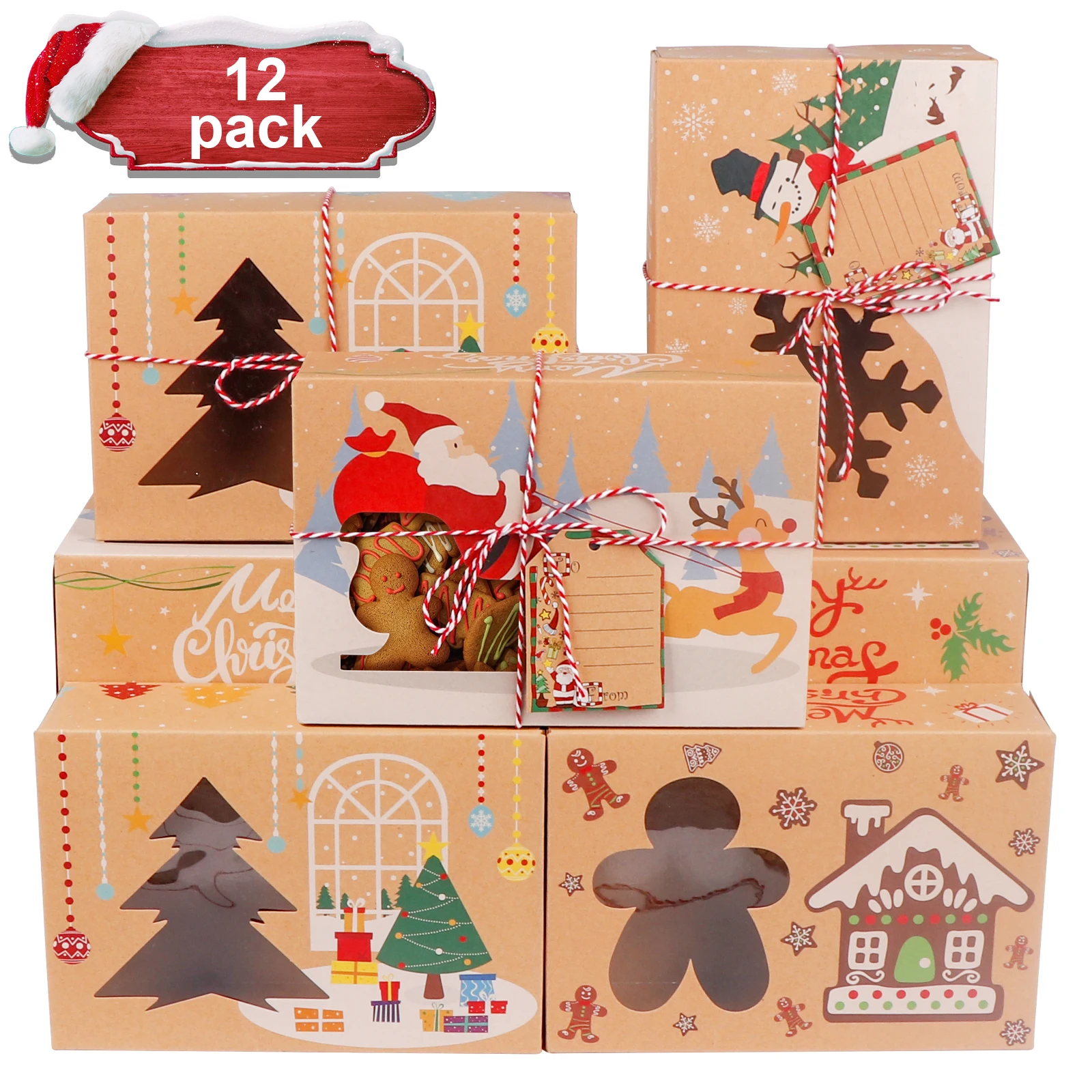 OurWarm 12pcs Christmas Cookie Candy Gift Box Treat Pastry Boxes For Holiday Gift-Giving Vintage Kraft Design With Clear Window