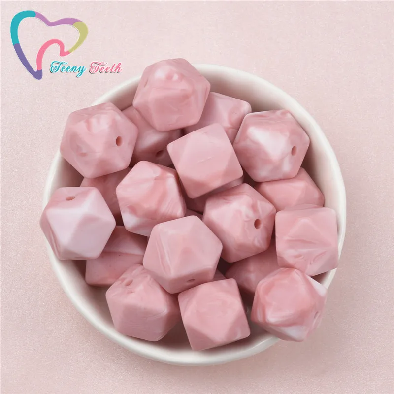 10 PCS Marble Pink Silicone 12-19 MM Round Beads,Marble Colors Series Teething Chewable Baby Hexagon 14-17MM Loose Teether Beads