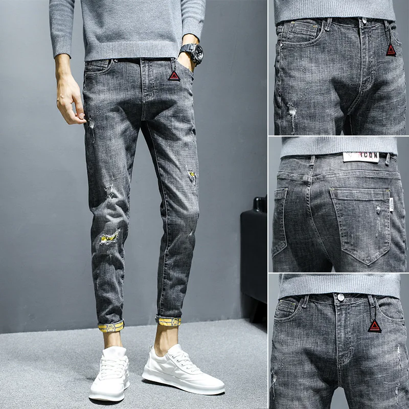 

Denim Jeans men's trendy brand spring and autumn new feet Korean casual summer thin ripped ankle length teenager pencil pants