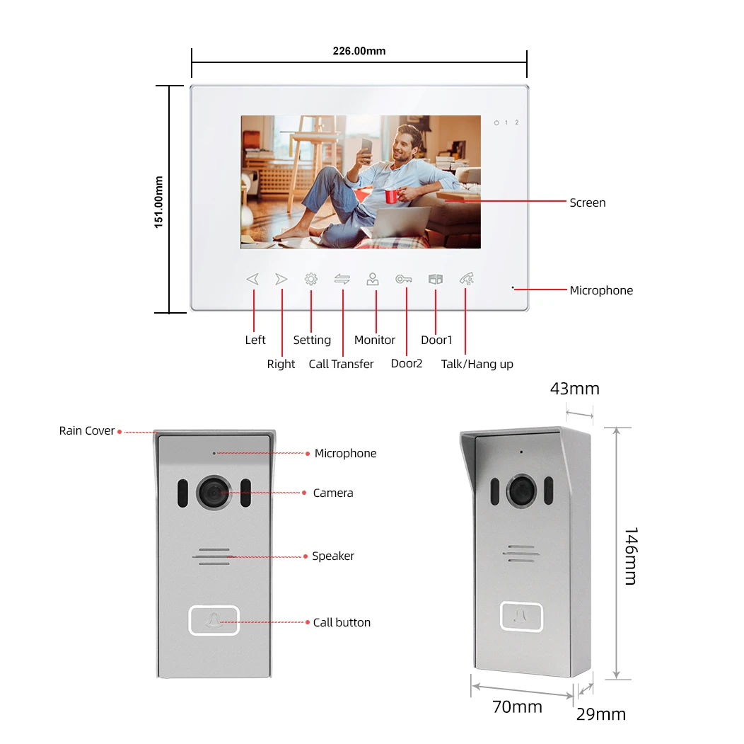 Joytimer Tuya WiFi Wired Video Intercom System For Home indoor Monitor Doorbell Intercom with a camera Motion Detection Record