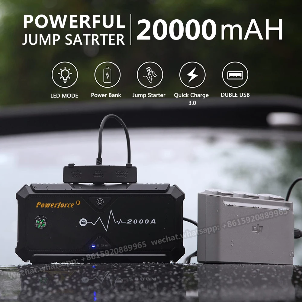 20000mah 2000A 12v  Reliable High Power Car Jumper Starter Wireless Charger Bettery Jumper Strobe SOS Lights Emergency Hammer