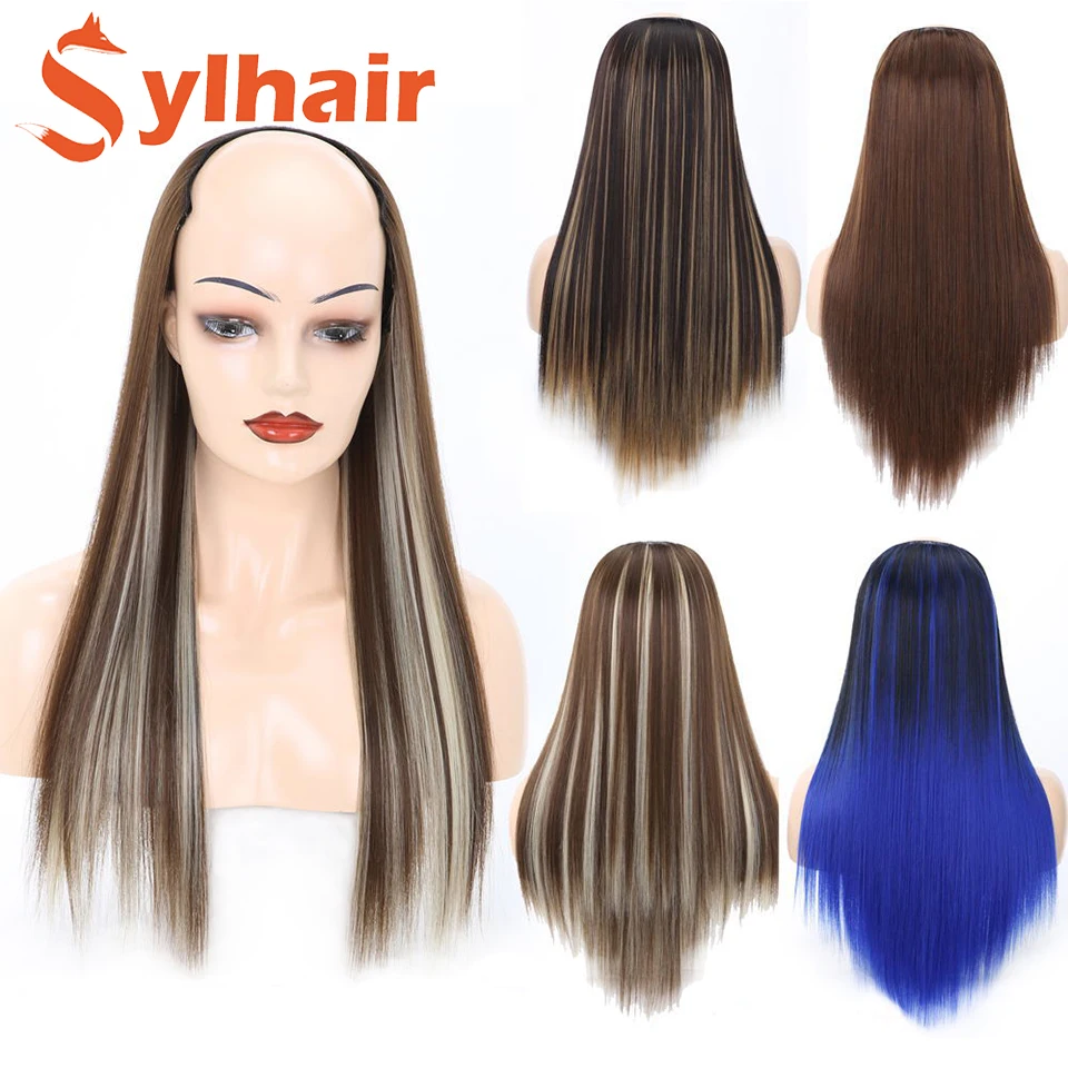 Sylhair U-Shaped Heat Resistant Natural Black Brown Wigs Synthetic Fake Hair Pieces Long Straight Half Wig for Women