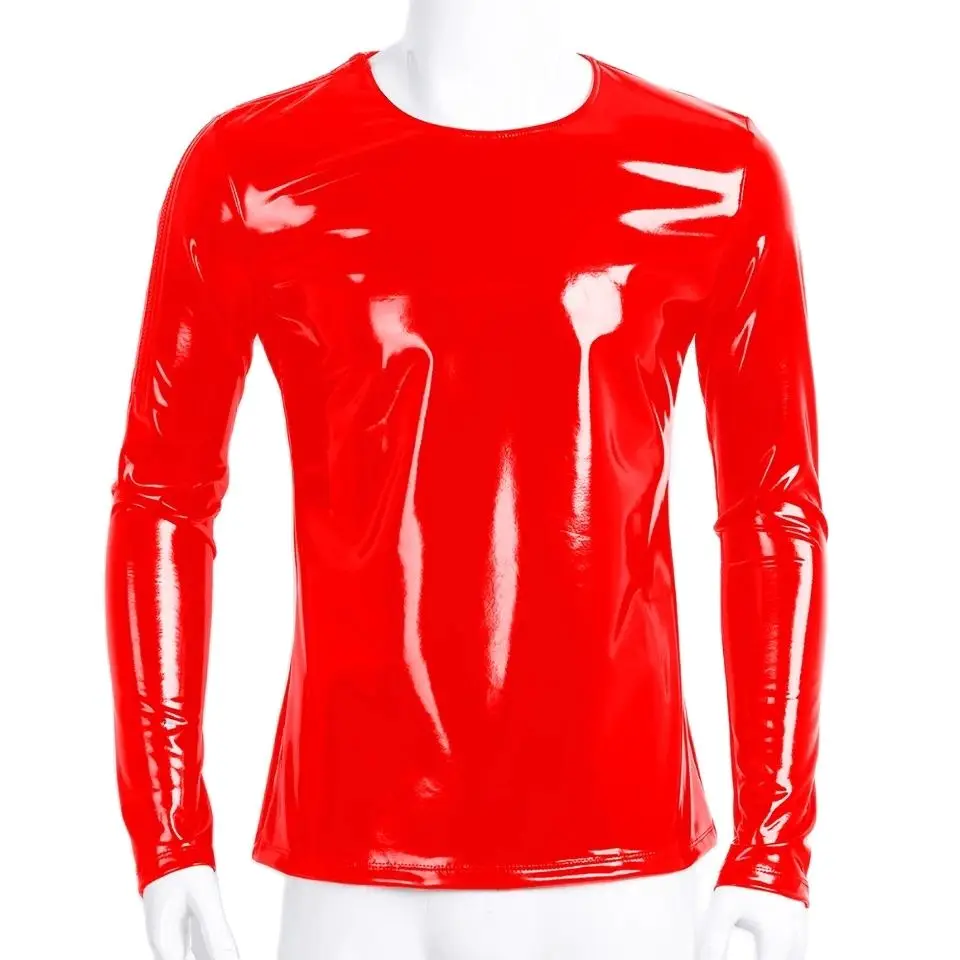 Camiseta de cuero de PVC brillante para hombre, abrigo informal de látex, funda erótica, Tops Sexi de manga larga metalizados brillantes, talla