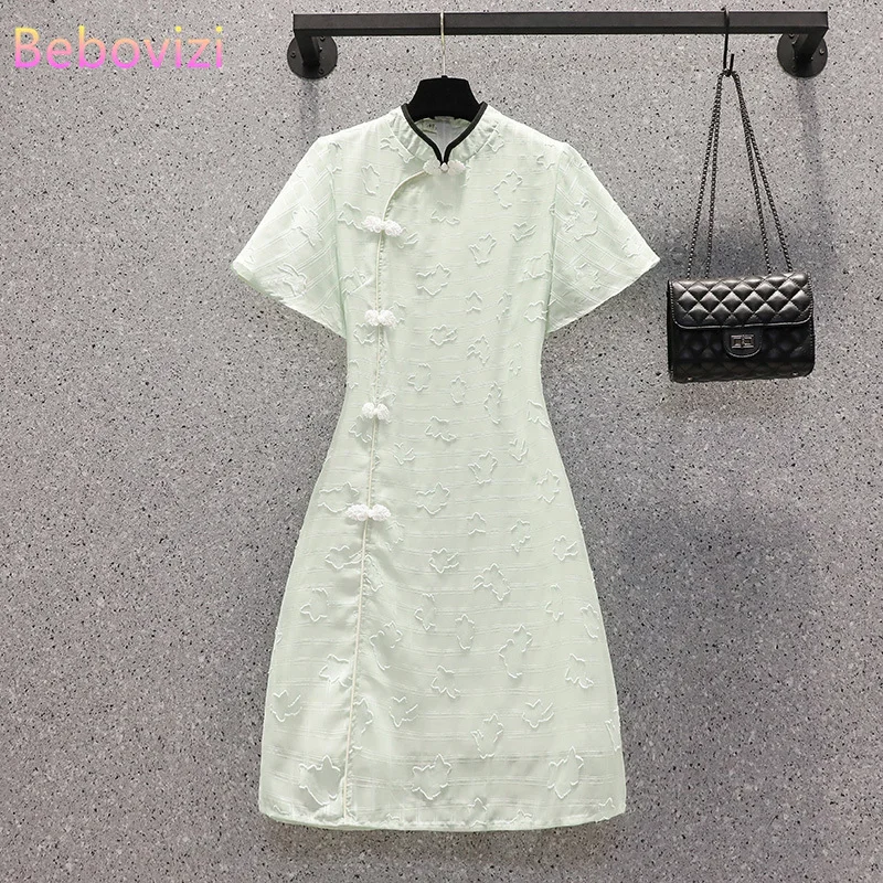 

2021 New M-4XL Vintage Short Sleeve Summer Modern Cheongsam Dresses Chinese Traditional Qipao Casual Party Women Midi Dress