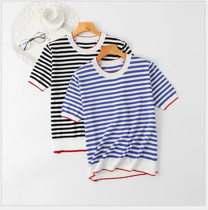 Summer Striped Pullover Knitted Short Sleeve knitted Sweater Women Slim Basic Casual Base Female knitting shirts Tops 2021