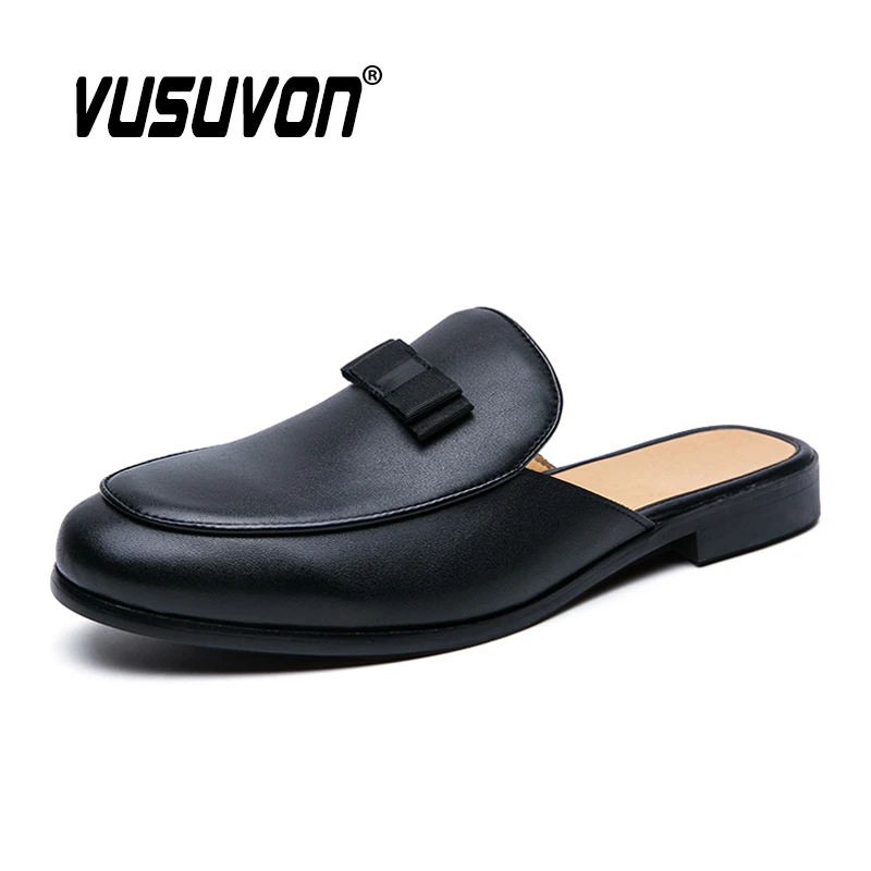 Leather Slippers for Men 2020 Fashion Bow Loafers Black Mules Summer Casual Shoes Men Round Toe Gents Shoes Men\'s Flats Big Size