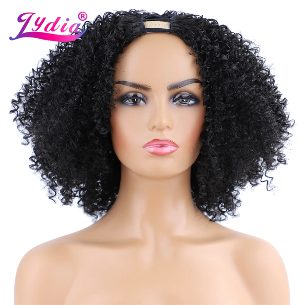 Lydia Afro Kinky Curly U Part Black Color 1B# Hair Wig 130% Density Heat Resistant Synthetic 16 Inch Daily Wigs For Women