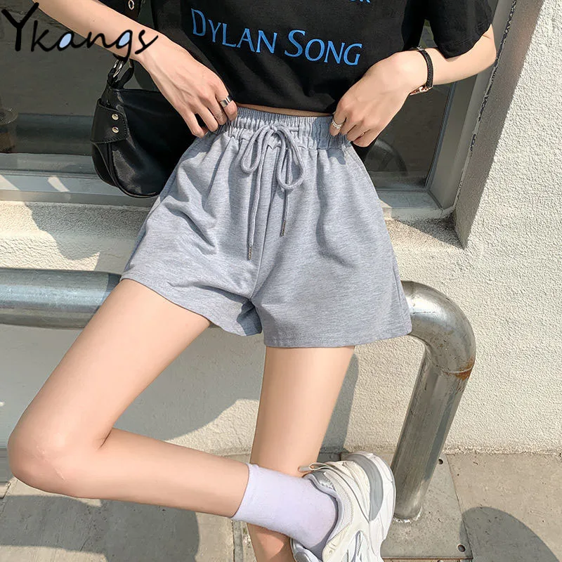 Grey Elastic Waist High Waist Shorts Summer Loose Breathable Women Sports Shorts Korean Style Home Casual Ladies Wide-leg Shorts