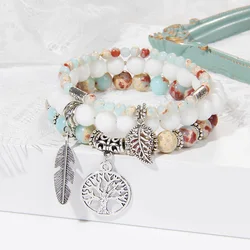 Tree Of Life Bracelet 3pcs/set Natural Semi-precious Stone Leaves Feather Wings Charm Bracelet Set For Women Men Bangles Jewelry