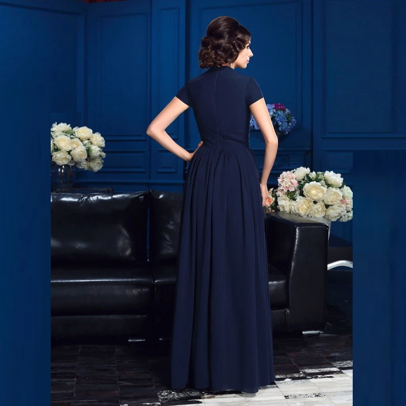 Moderne Volledige Lengte Navy Blue Chiffon Avondjurken 2021 V-hals Korte Mouwen Geplooide Prom Formele Partij Jassen Vestidos Noiva