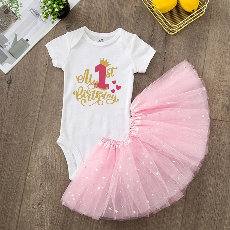 First Birthday Baby Girl Birthday Party Dress Cute Pink Tutu Cake Dresses + Romper Outfits Toddler Girls Summer Clothes Jumpsuit