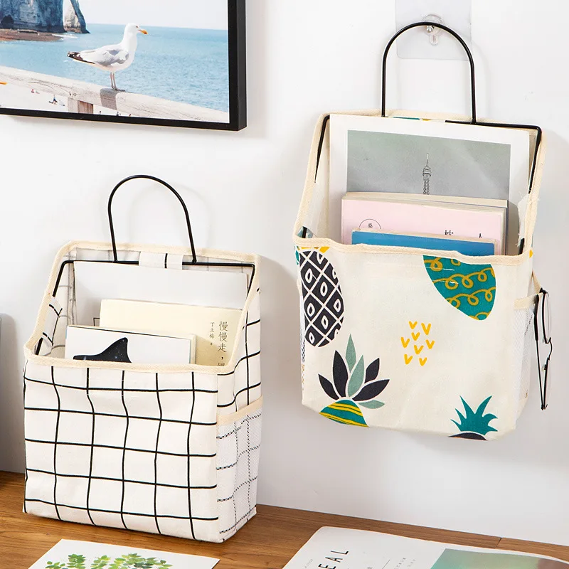 

Lattice Wall Hanging Storage Bag Sundries Cosmetic Organizer Pocket Storage Basket Cotton Linen Bathroom Magazine Canvas Bag