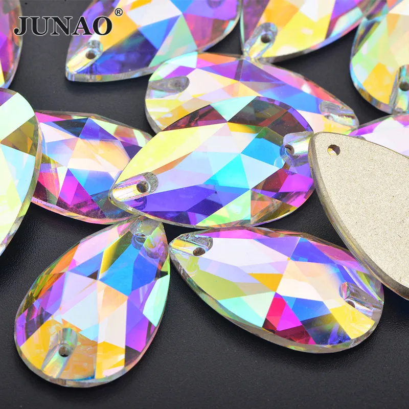 JUNAO 7X12Mm 17X28Mm Crystal AB Thả May Trên Đá Flatback Kính Strass May Thủ Công đá Kim Cương Cho DIY Đầm Bộ Kim Chỉ