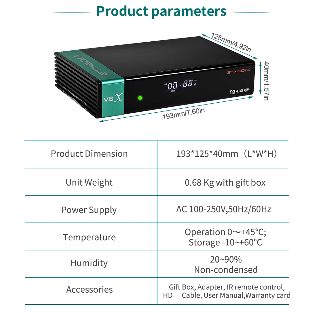 Gtmedia-decodificador satelital V8X, DVB-S2 actualizado, V8 Nova, V9 Prime, H.265, 1080P, Wifi integrado, YouTube