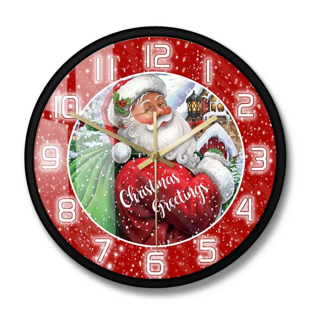 Christmas Vintage Santa Clause Wall Clock For Kids Living Room Greetings With Sack Red Design Snow Holiday Home Decor Wall Watch