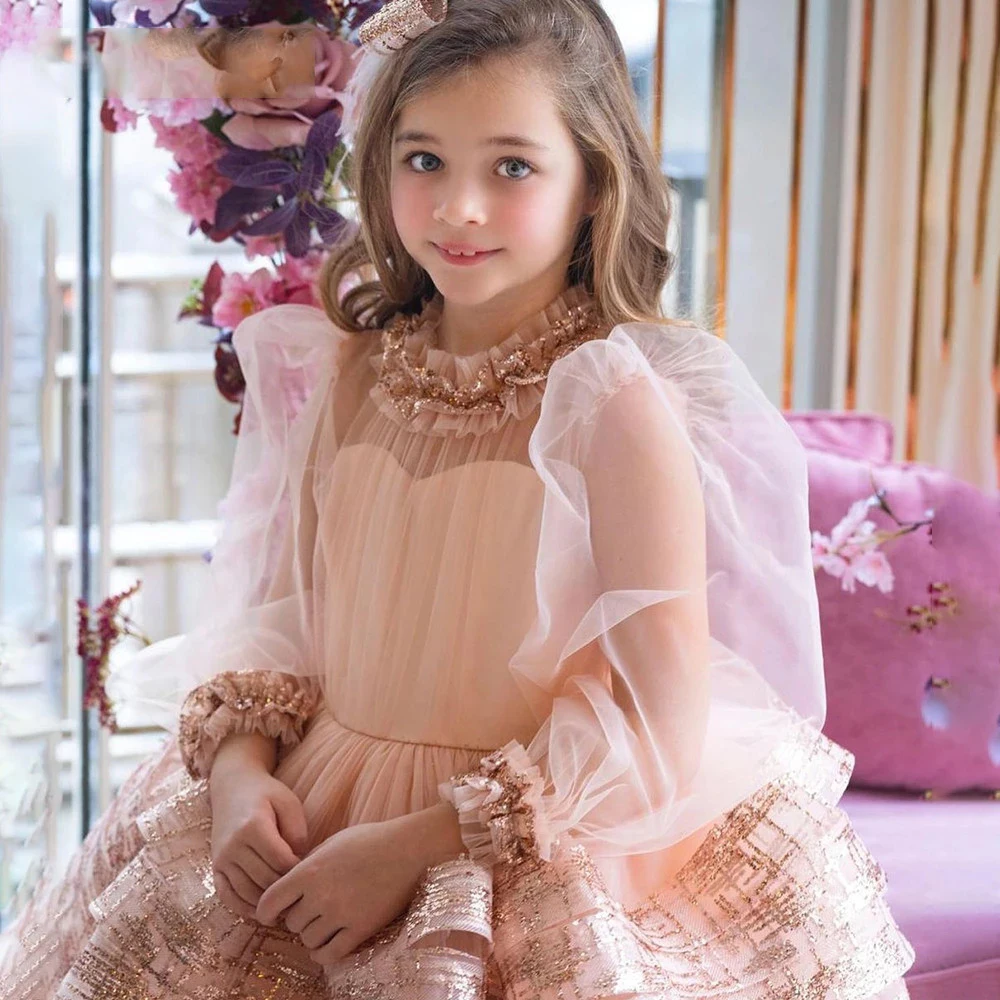 Charming Flowers Girls Dresses Tulle Pleat O-Neck Full Sleeve Zipper Ball Gowns Novia Do 2021 New Party