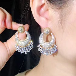 CWWZircons Luxury Long Big Drop Cubic Zirconia Women Wedding Engagement Party Indian Gold Plated Earrings Costume Jewelry CZ723