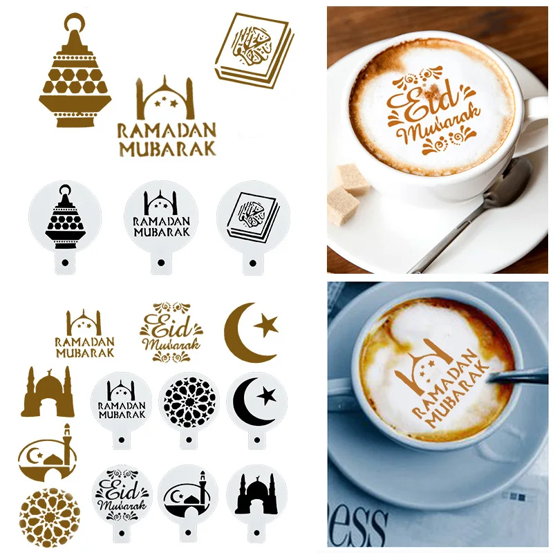 8pcs PET Eid Mubarak Coffee Spray Stencils Cookie Biscuit Cake Mold Ramadan Mubarak Muslim Islamic Festival Party DIY Decoration