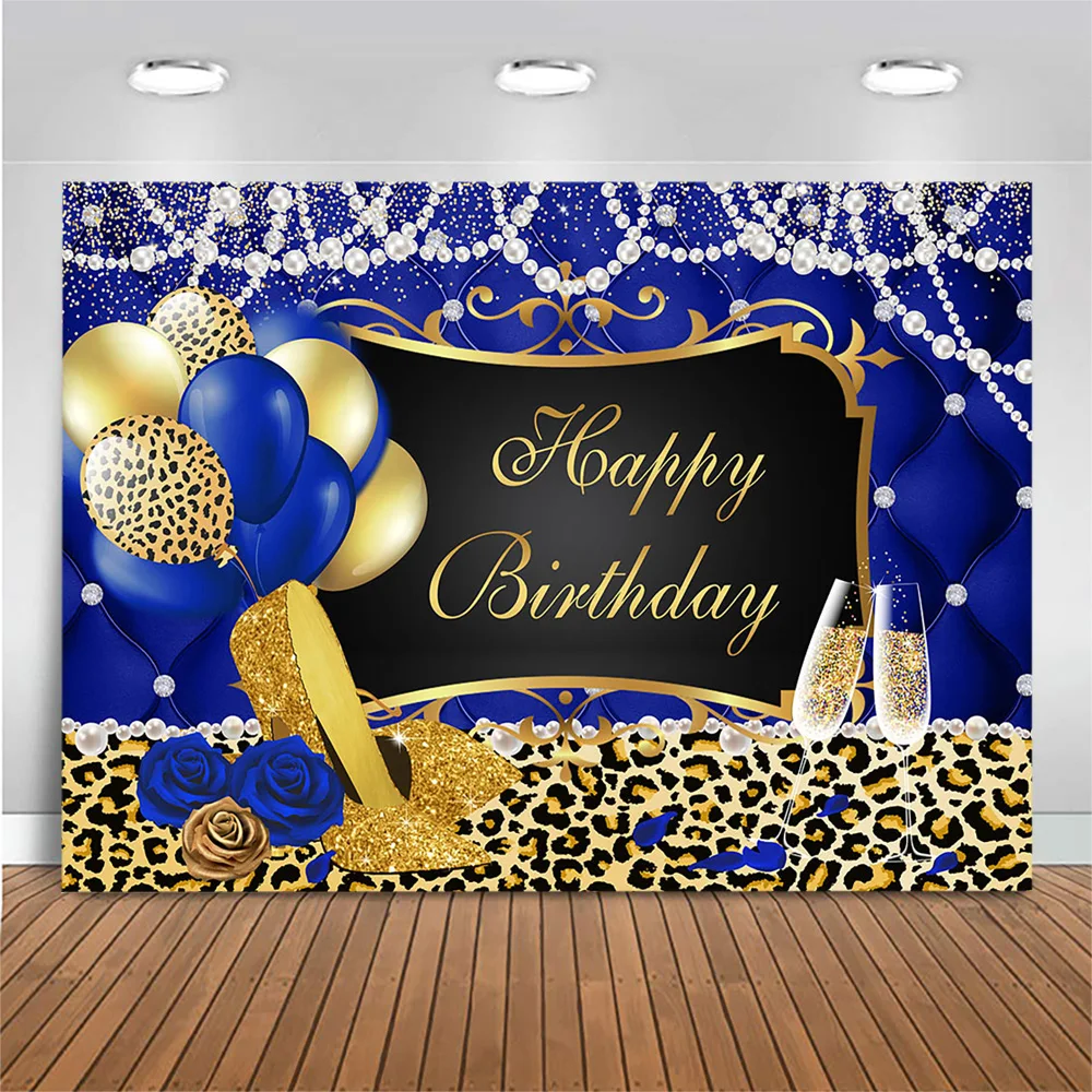 ليوبارد المرأة عيد ميلاد سعيد خلفية ديكور حفلة الذهب عالية الكعب اللؤلؤ الملكي الأزرق مخصص صور خلفية التصوير فوتومكو