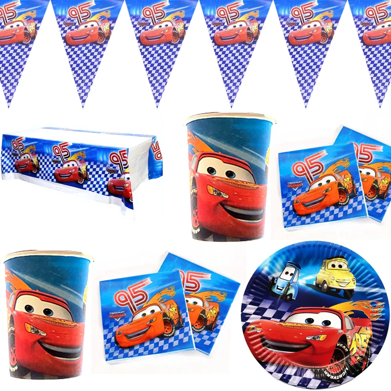 51pcs/lot Cars Theme Tablecloth Birthday Party Napkins Plates Cups Kids Favors Lightning McQueen Flags Decoration Hanging Banner