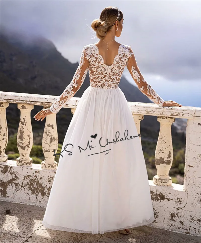 Sexy Langarm Brautkleider Spitze 2021 Split Side V Neck Zurück Strand Braut Kleid Bodenlangen Hochzeits-kleid Bohemian casamento