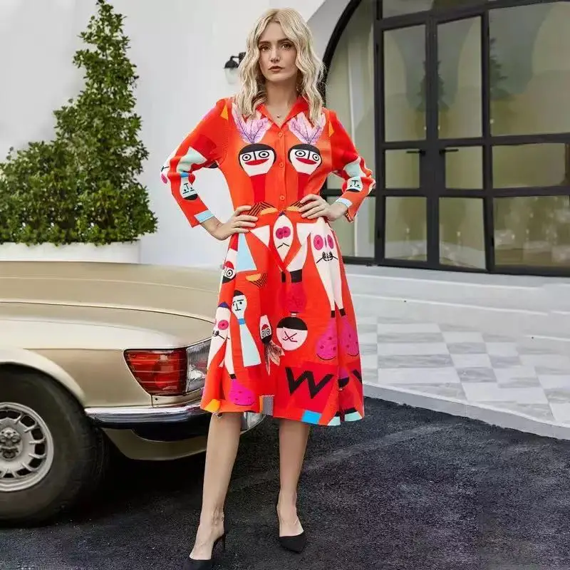 

2021 New Dress In Europe And America Fashion V-neck Printed Long-Sleeved Pleated Skirt And Long Dress In Stock.