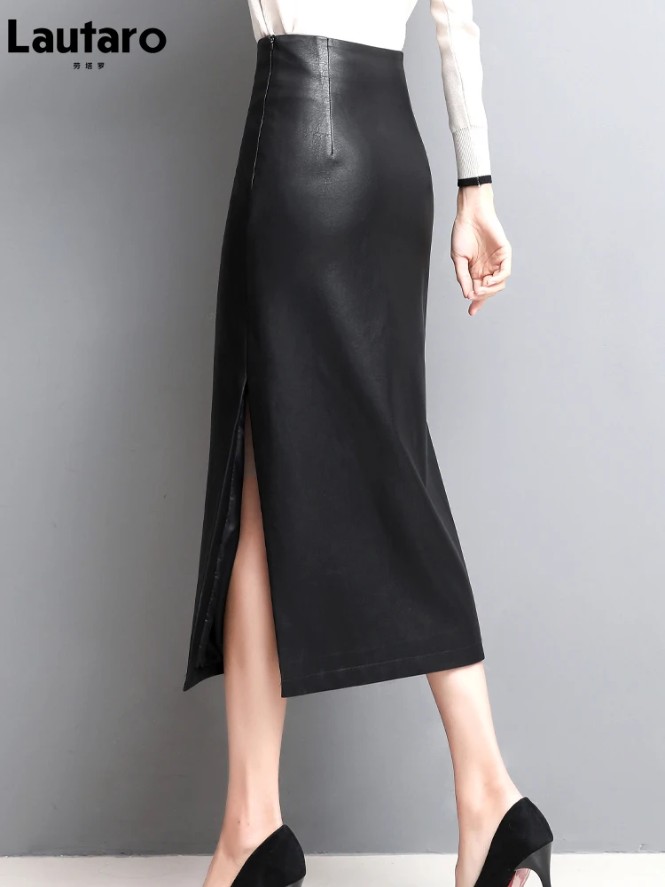Lautaro Spring Autumn Long Black Faux Leather Pencil Midi Skirt Women with Side Slit Zipper High Waist Luxury Elegant Buttoms