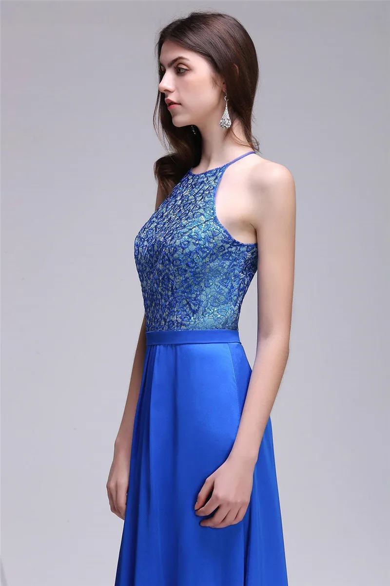 A-line Sequins Royal Blue Long Lace Evening Dress Long Luxury 2021 Halter Neck Vestido De Festa Sexy Backless Evening Gowns