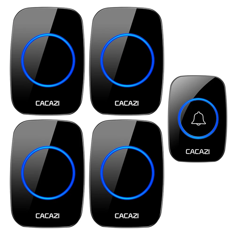 

CACAZI Home Wireless Doorbell Waterproof 1 Push Button 4 Receivers US EU UK Plug LED light Smart Cordless door Bell 60 Chimes