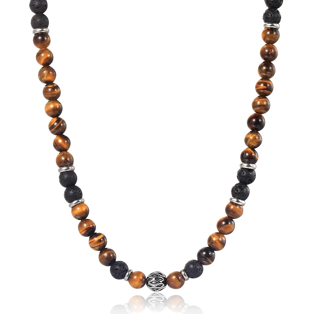 Unique Beaded Necklaces for  Mens Boy Tiger Eye Stone Lave Natural Stone Neck Male Jewelry Stainless Steel Toggle Clasp