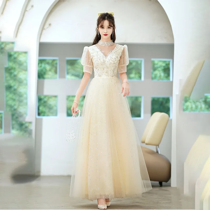 

Evening Dress High Neck Sequins Appliques A-Line Elegant Short Sleeves Floor-Length Backless New Woman Formal Party Gowns A2006